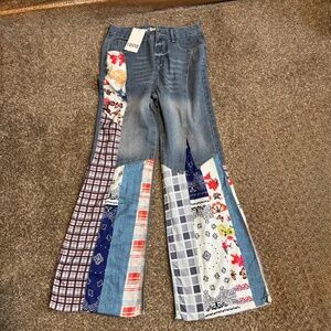 Ursime Vintage Denim Boho Patchwork Button High Waist Wide Leg Jeans - Size M